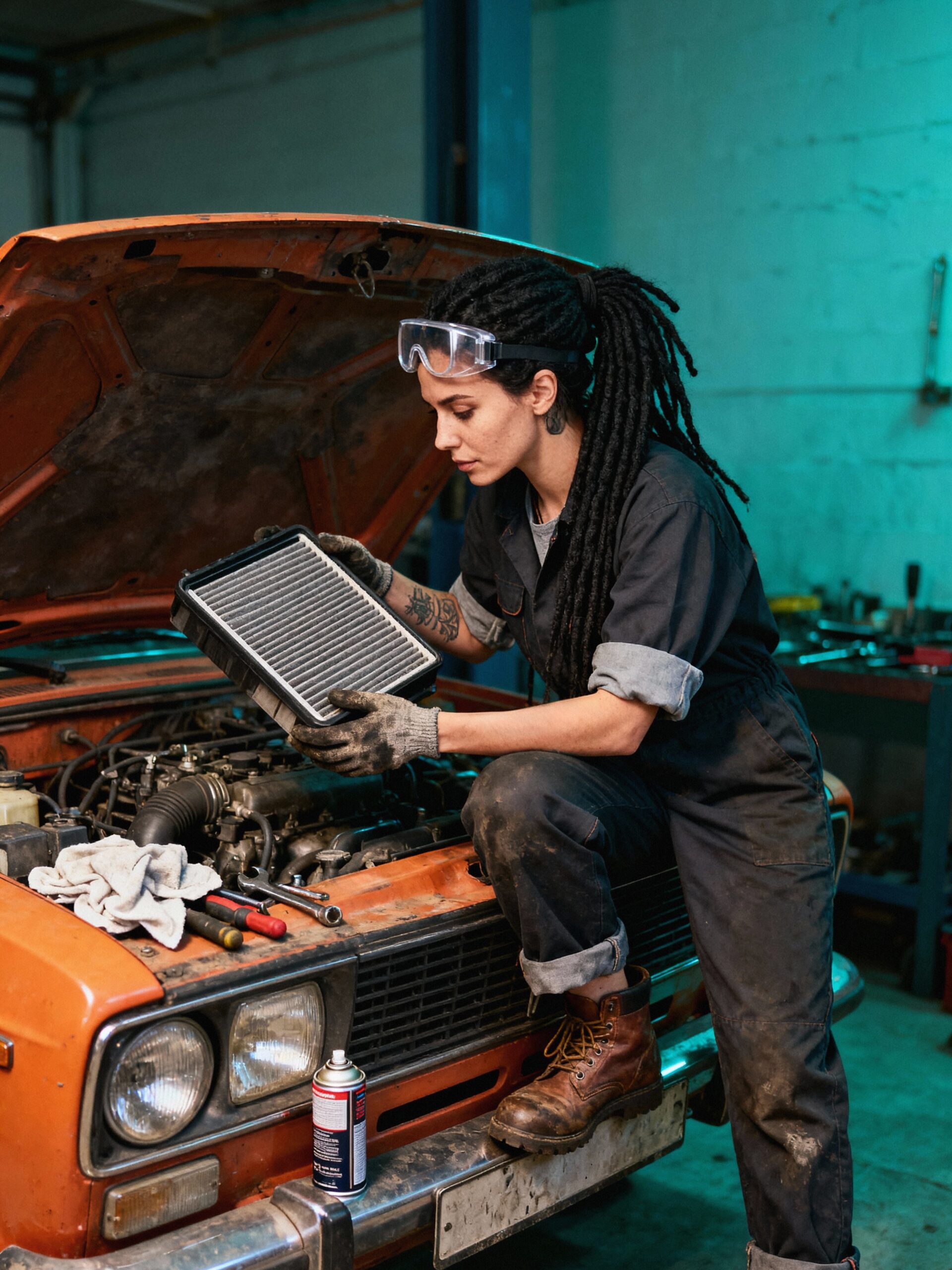 mechanic-inspecting-air-filter-orange-car-workshop